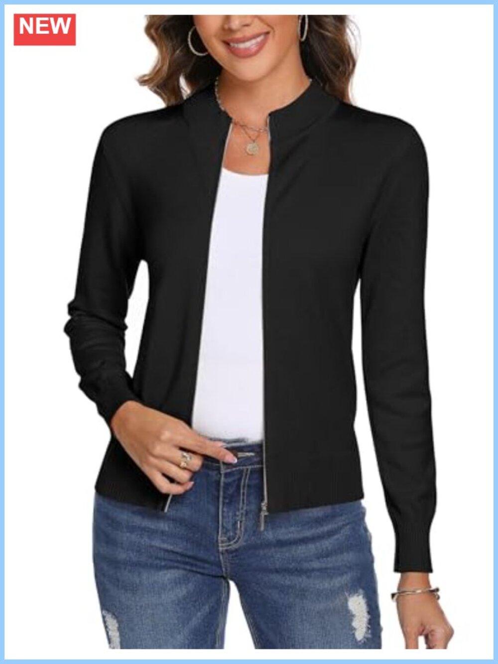 Womens Cotton Blend Long Sleeve Zip Up Knit Cardigan Sweater Lightweight